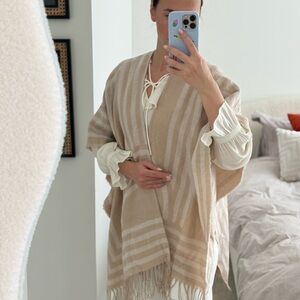 Beige Striped Poncho with Fringe